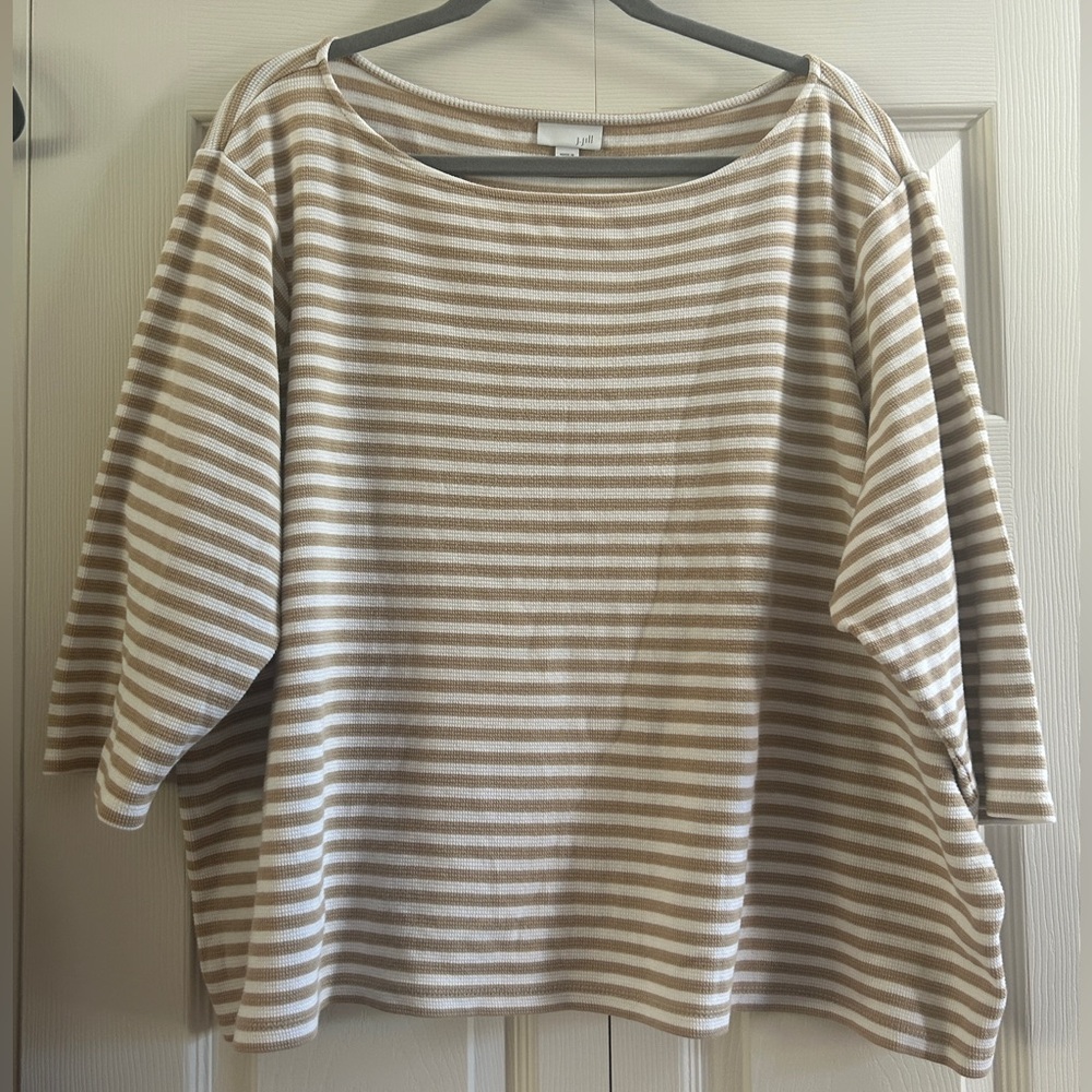 J. Jill Shirt Women’s Size L Tan White Stripe 3/4 Sleeve Waffle Texture Fall
